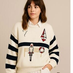 Vintage Novelty Print Coastal Grandma Kid Core Ugly Pull Over Nautical Sweater